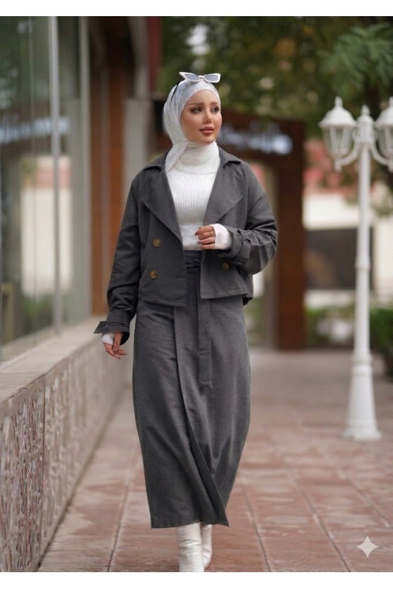 0142 - Tesettür Trençkot Gri̇-I8 0142 - Tesettür Trençkot Gri̇-I8