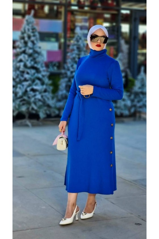 4421 - Yan Düğme Detaylı Tesettür Elbise Mavi̇-A17