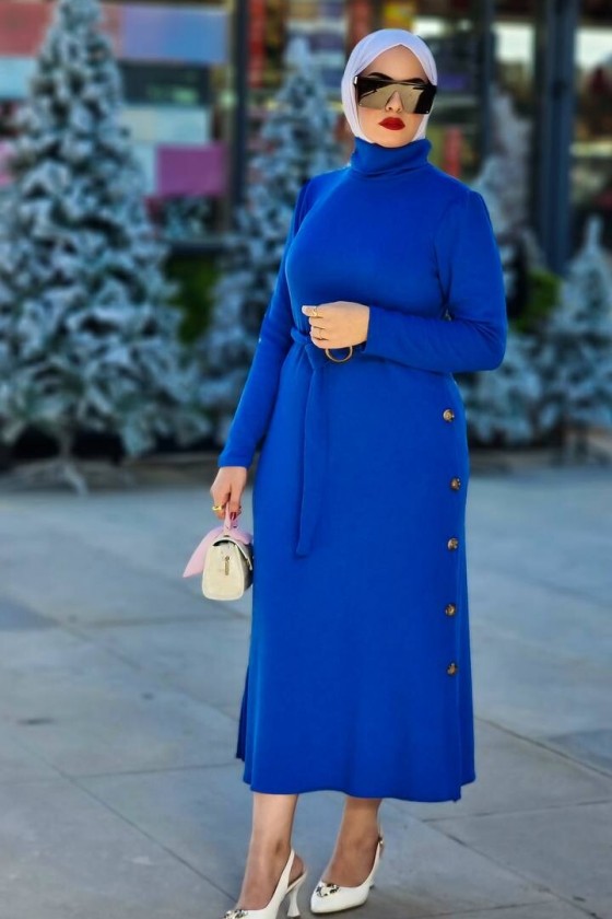 4421 - Yan Düğme Detaylı Tesettür Elbise Mavi̇-A17