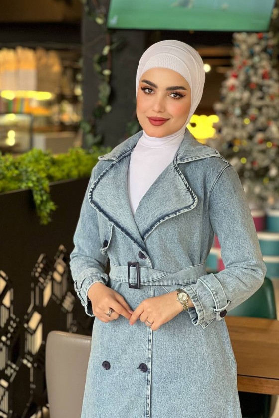 4409 Kot Tesettür Trençkot Açık Mavi-Z3