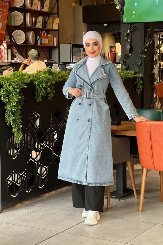 4409 Kot Tesettür Trençkot Açık Mavi-Z3