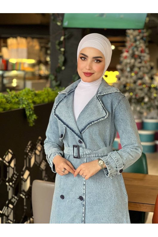 4409 Kot Tesettür Trençkot Açık Mavi-Z3