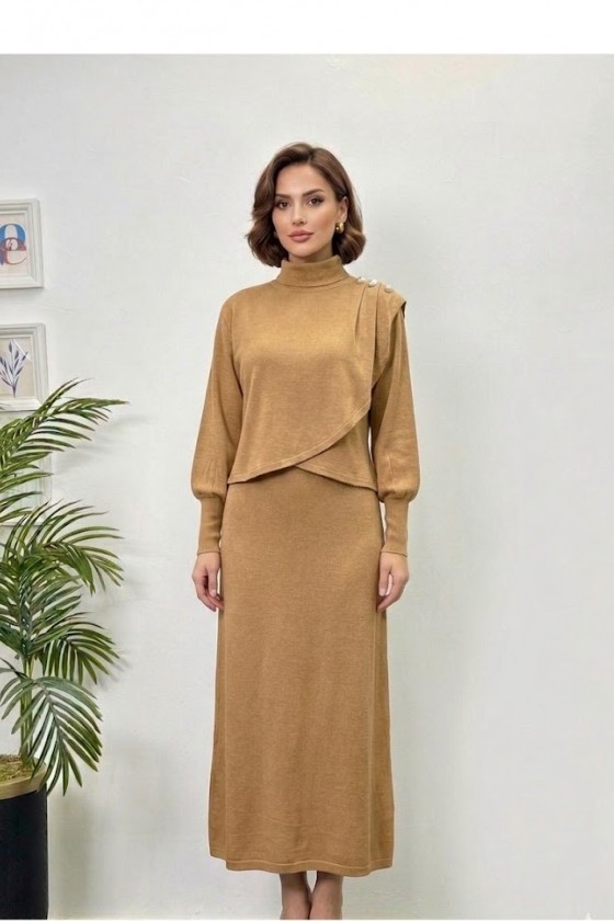 4415 - Asimetrik Tunik Etek Tesettür İkili Takım Camel-A18