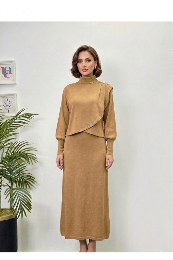 4415 - Asimetrik Tunik Etek Tesettür İkili Takım Camel-A18