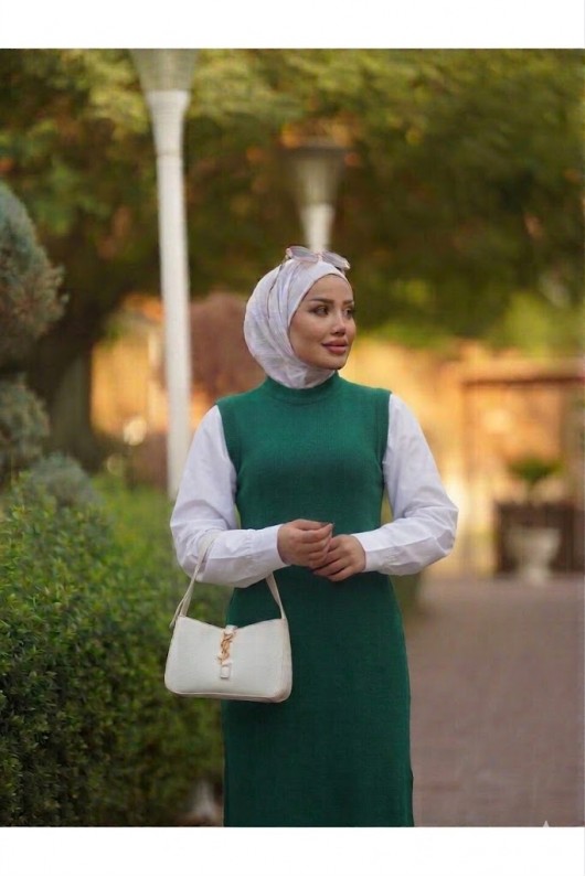 4437 - Kemerli Tesettür Elbise Yeşi̇l-H2