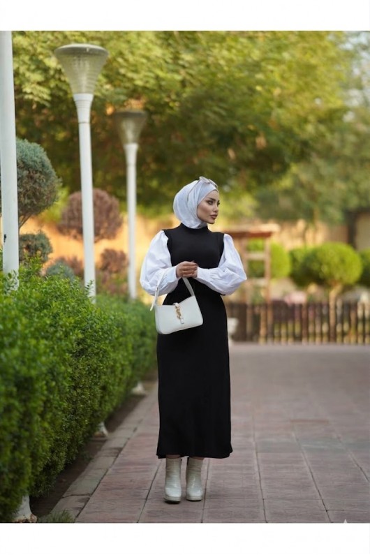 4437 - Kemerli Tesettür Elbise Si̇yah-H2