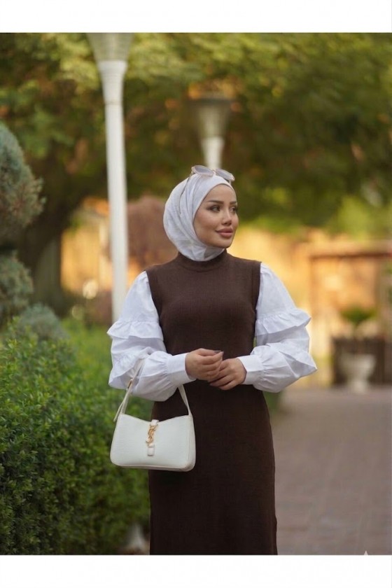 4437 - Kemerli Tesettür Elbise Kahverengi̇-H2 4437 - Kemerli Tesettür Elbise Kahverengi̇-H2