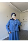 4520 - Kalp Desen Kot Kumaş Tesettür Takım Mavi̇