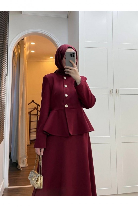 45210 - Krep Kumaş İkili Tesettür Takım Bordo-A6