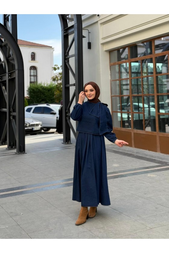 4556 - Kot Kumaş Tesettür İkili Takım Laci̇vert