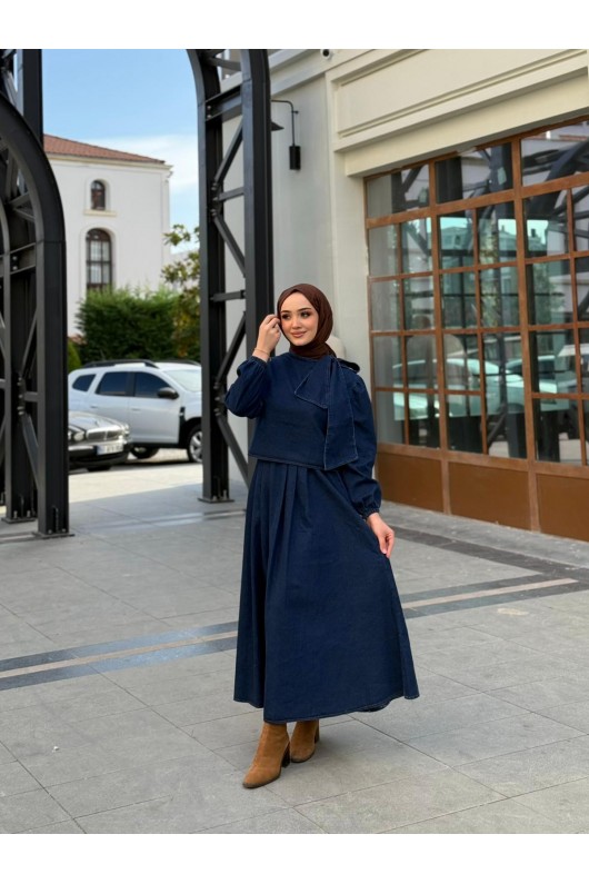 4556 - Kot Kumaş Tesettür İkili Takım Laci̇vert