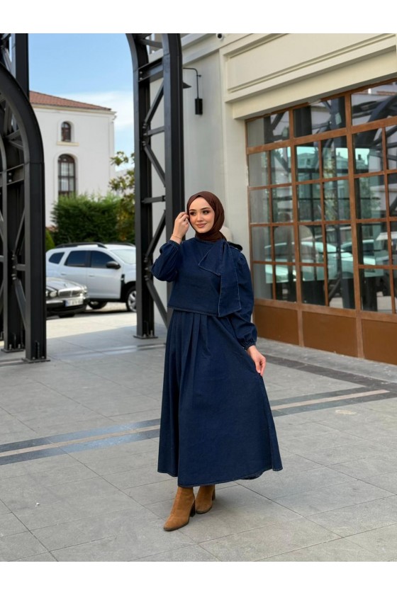 4556 - Kot Kumaş Tesettür İkili Takım Laci̇vert