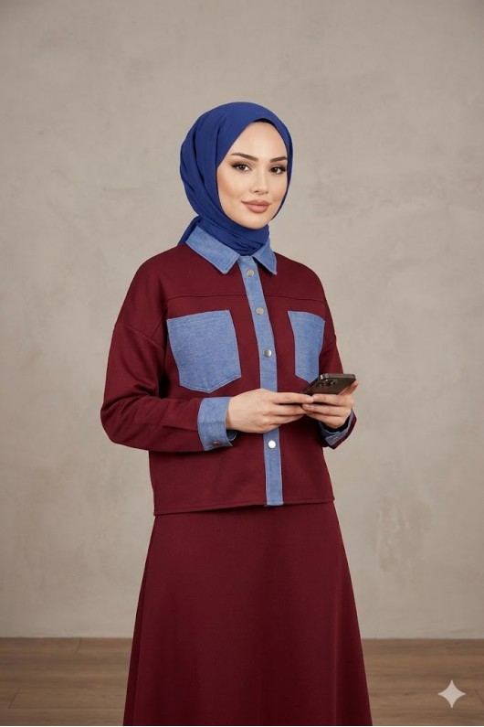 4564 - Cep Detaylı İkili Takım Bordo