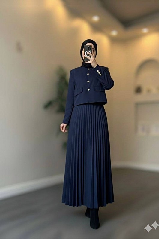 4566 - Double Krep Kumaş Tesettür İkili Takım Laci̇vert