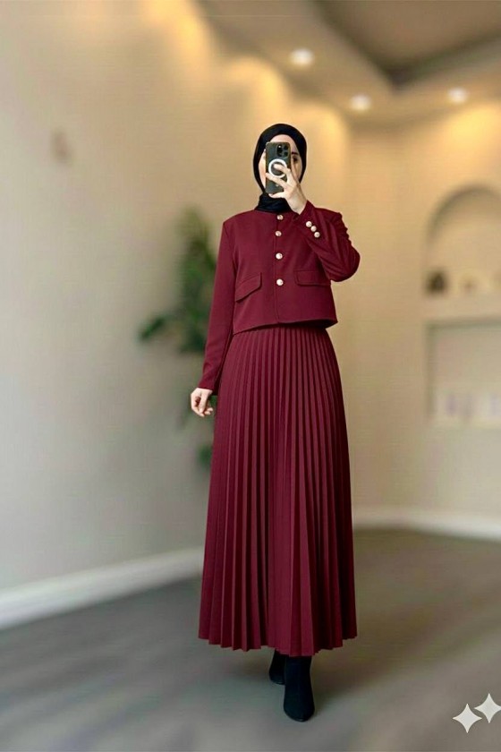 4566 - Double Krep Kumaş Tesettür İkili Takım Bordo