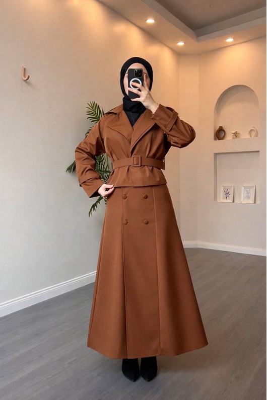 4570 - Bondit Kumaş İkili Tesettür Takım Kahverengi̇