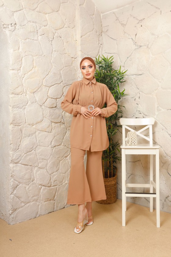 3100 - Kemerli Tesettür Takım Taba-A12