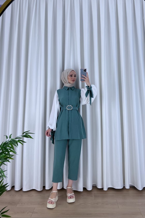 7060 - Kuşaklı Tesettür İkili Takım Mi̇nt Yeşi̇li̇-D1