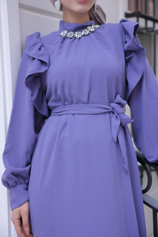 3986 -Taş Detaylı Tesettür Elbise Li̇la-G1