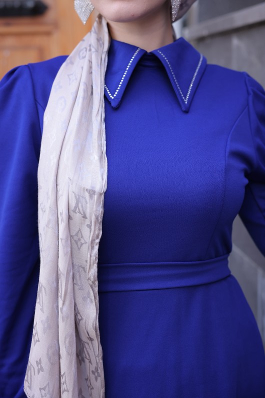 4447 - Taşlı Tesettür Elbise Mavi̇-K9