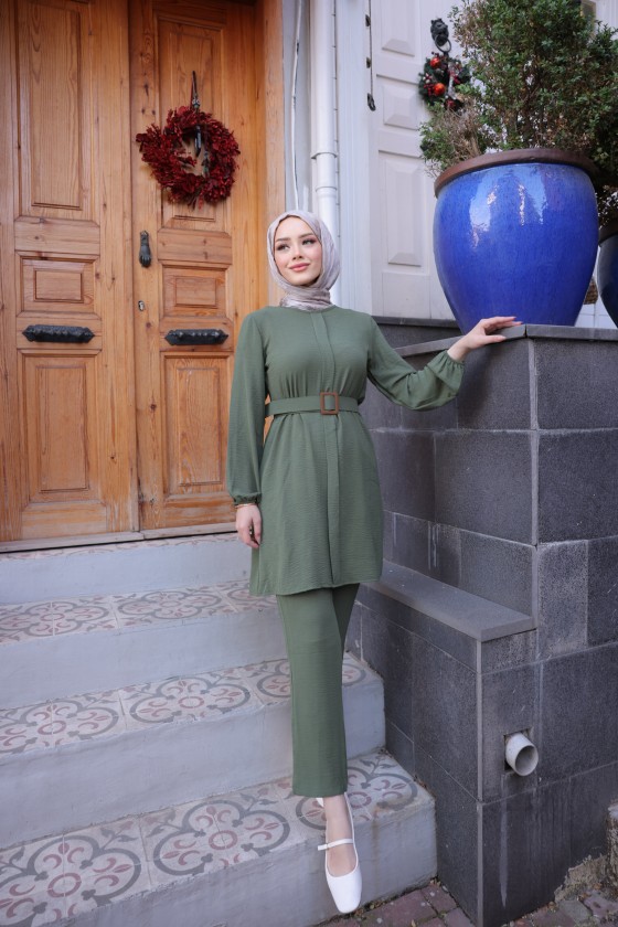 2544 - Kemerli Tesettür İkili Takım Haki-A11