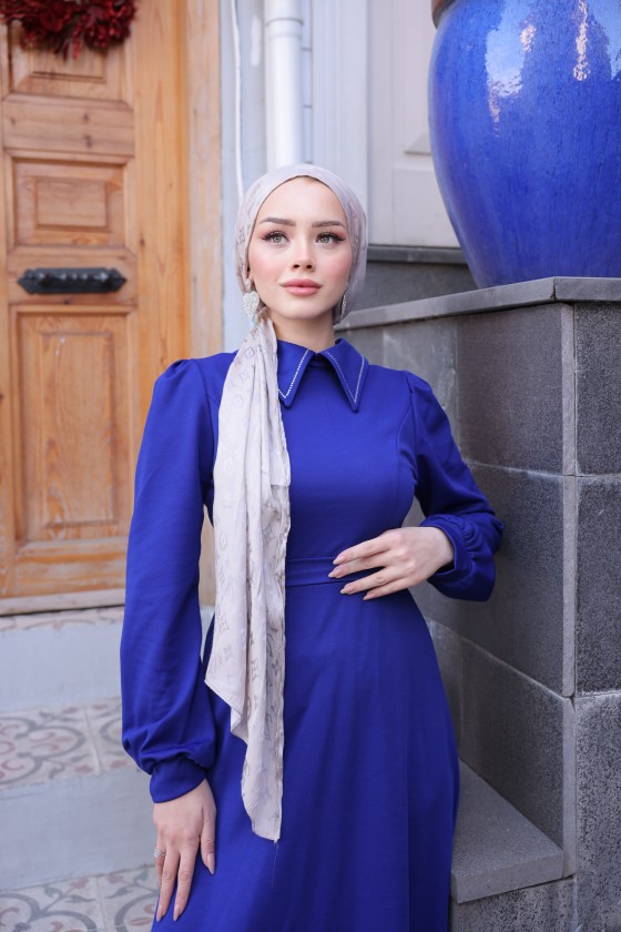 4447 - Taşlı Tesettür Elbise Mavi̇-K9