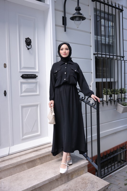8111 - Gömlek Etek Tesettür İkili Takım Si̇yah