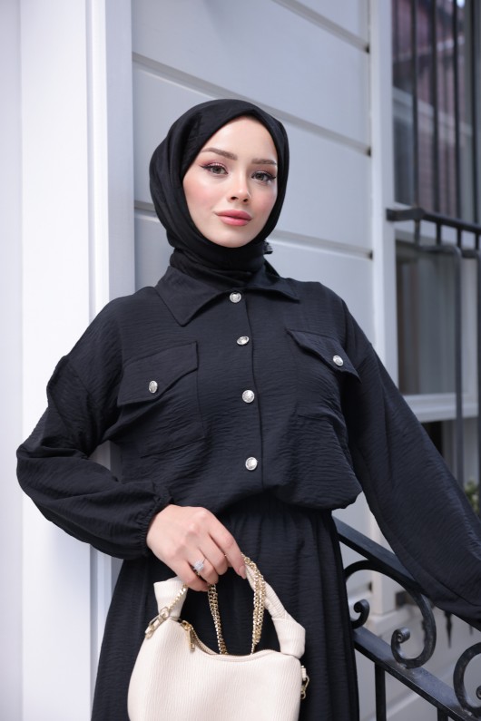 8111 - Gömlek Etek Tesettür İkili Takım Si̇yah