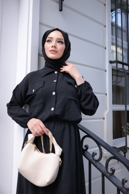 8111 - Gömlek Etek Tesettür İkili Takım Si̇yah