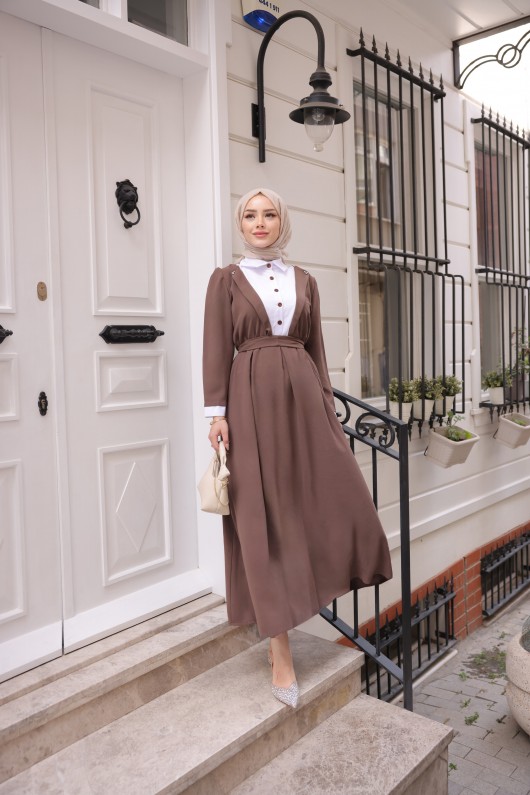 4444 - Yaka Detaylı Tesettür Elbise Kahverengi̇-A12