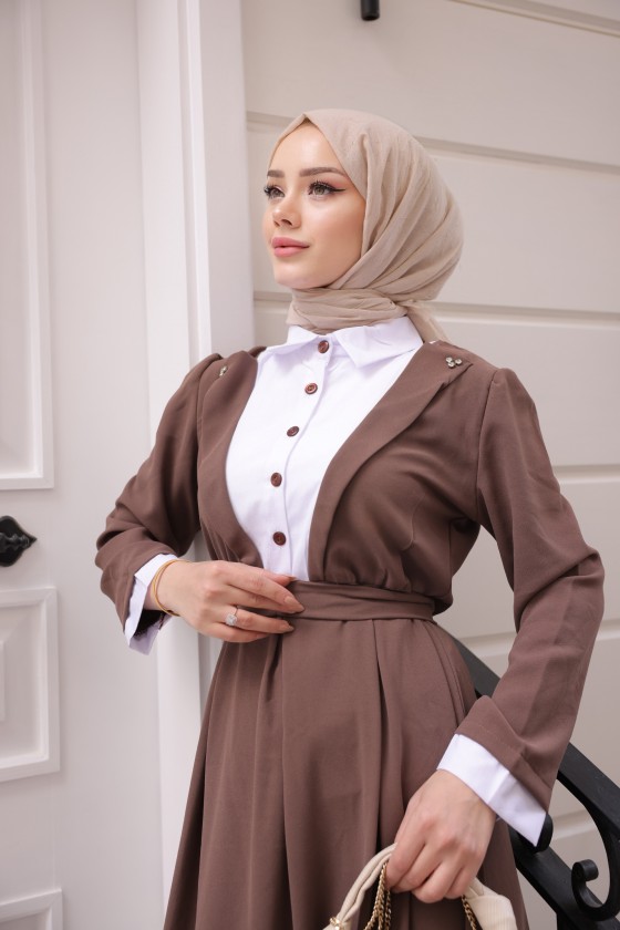 4444 - Yaka Detaylı Tesettür Elbise Kahverengi̇-A12