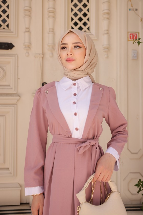 4444 - Yaka Detaylı Tesettür Elbise Pembe-A12