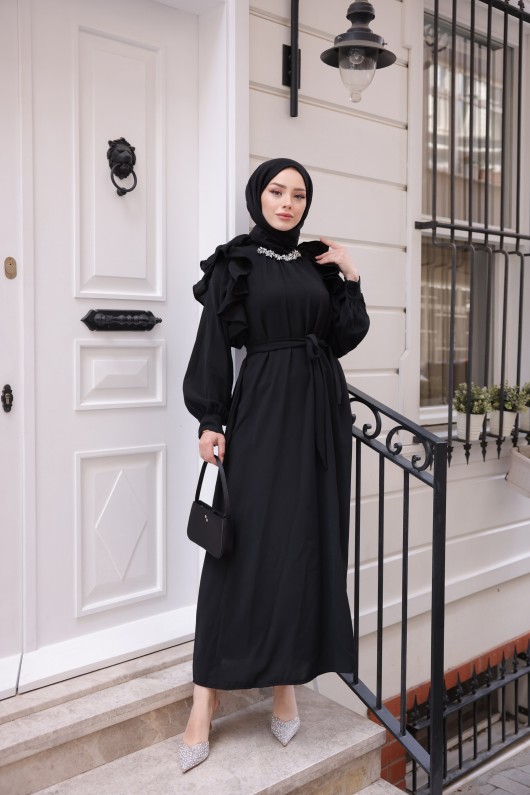 3986 -Taş Detaylı Tesettür Elbise Si̇yah-G1