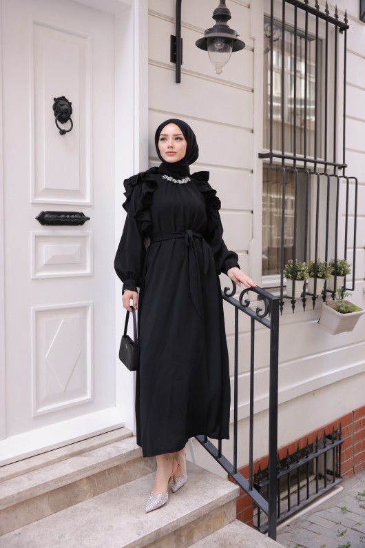 3986 -Taş Detaylı Tesettür Elbise Si̇yah-G1