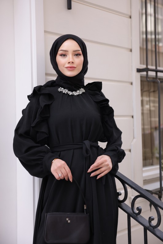 3986 -Taş Detaylı Tesettür Elbise Si̇yah-G1