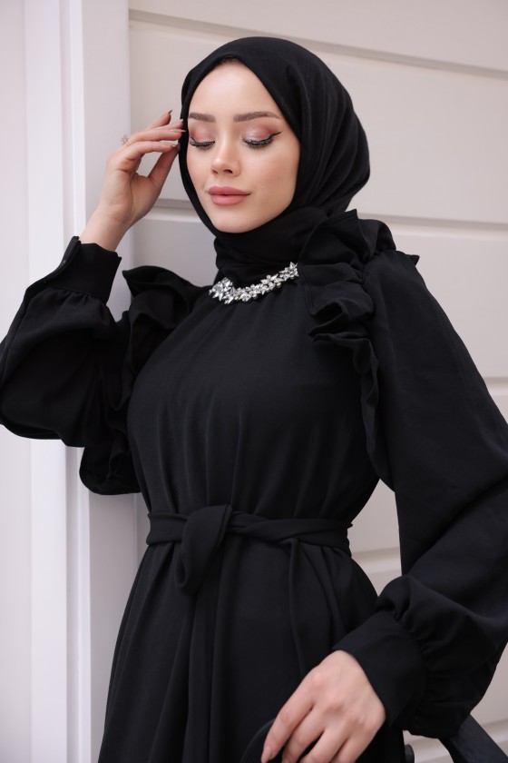 3986 -Taş Detaylı Tesettür Elbise Si̇yah-G1