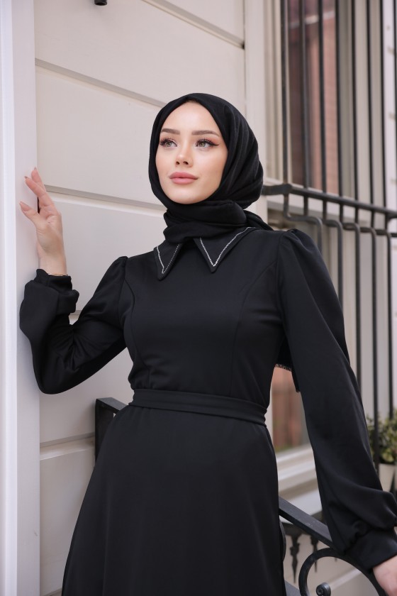4447 - Taşlı Tesettür Elbise Si̇yah-K9