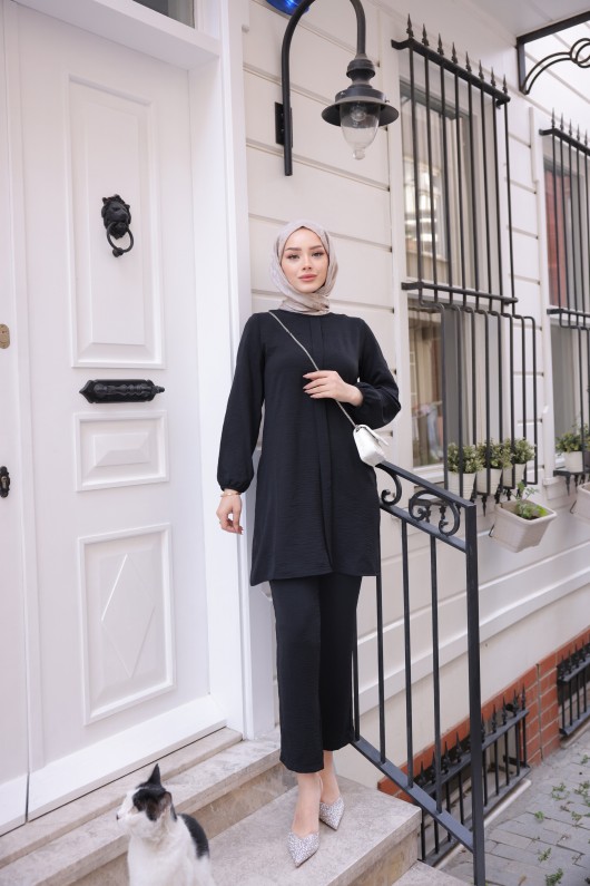 2544 - Kemerli Tesettür İkili Takım Si̇yah-A11