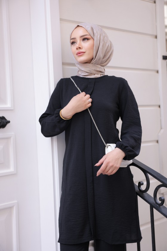 2544 - Kemerli Tesettür İkili Takım Si̇yah-A11