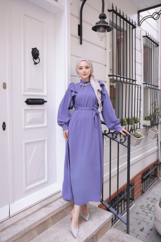 3986 -Taş Detaylı Tesettür Elbise Li̇la-G1