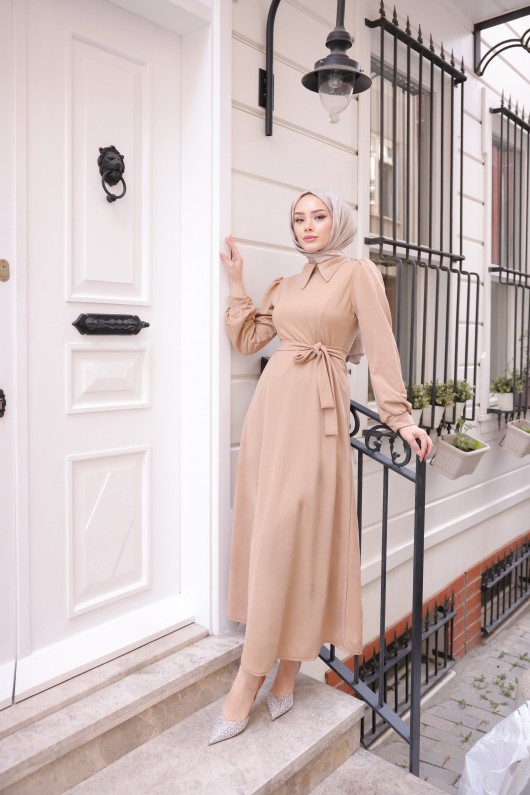 4447 - Taşlı Tesettür Elbise Camel-K9