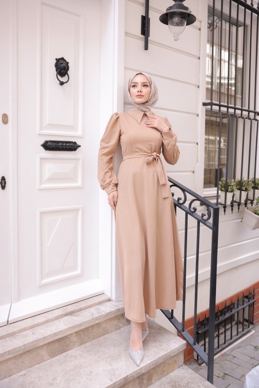 4447 - Taşlı Tesettür Elbise Camel-K9