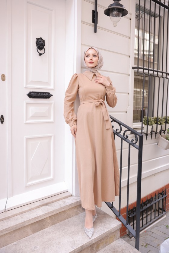 4447 - Taşlı Tesettür Elbise Camel-K9