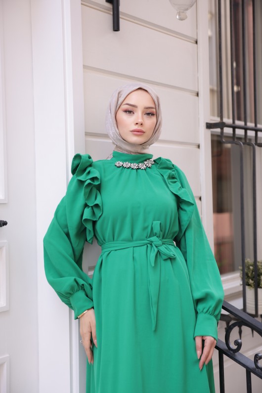 3986 - Taş Detaylı Tesettür Elbise Yeşi̇l-G1