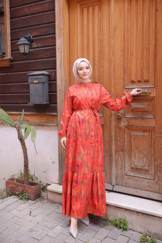 12003 - Yaprak Desenli Viskon Elbise Yeşil Turuncu