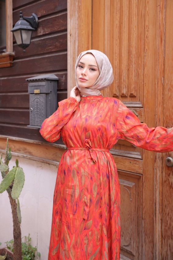 12003 - Yaprak Desenli Viskon Elbise Yeşil Turuncu