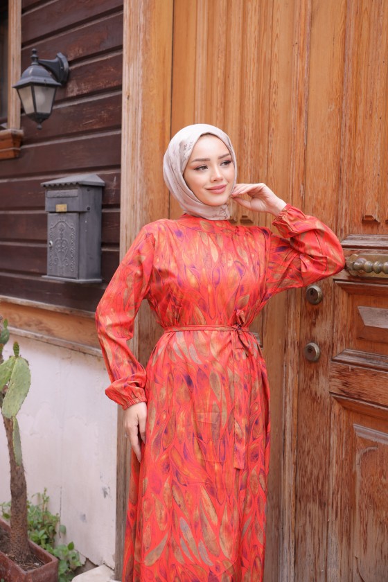 12003 - Yaprak Desenli Viskon Elbise Yeşil Turuncu