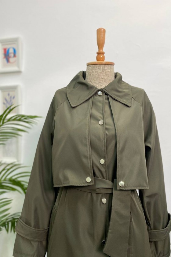 4403 - Çıt Çıt Detaylı Tesettür Trençkot Haki̇-F2