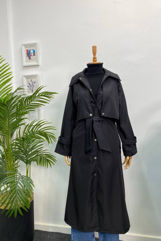 4403 - Çıt Çıt Detaylı Tesettür Trençkot Si̇yah-F2