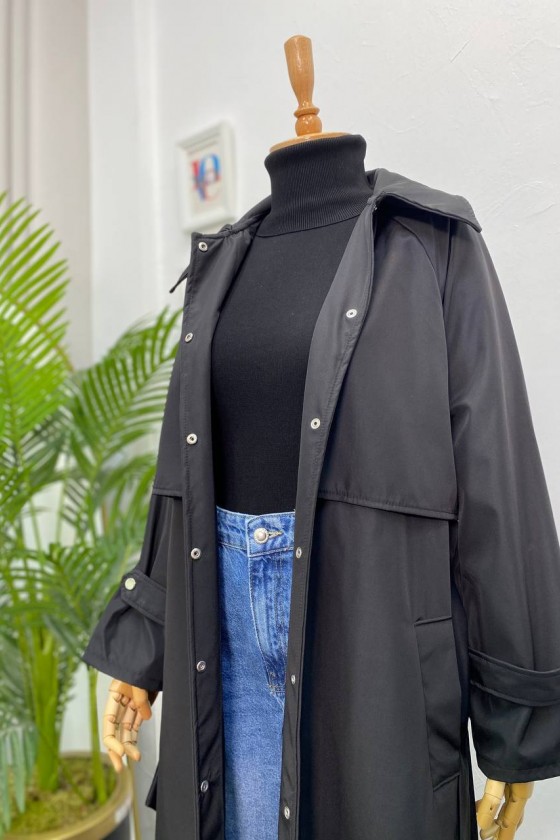 4403 - Çıt Çıt Detaylı Tesettür Trençkot Si̇yah-F2